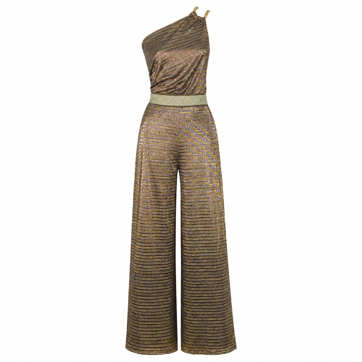 Razzle Dazzle antique gold plissé one shoulder jumpsuit by Me&Thee
