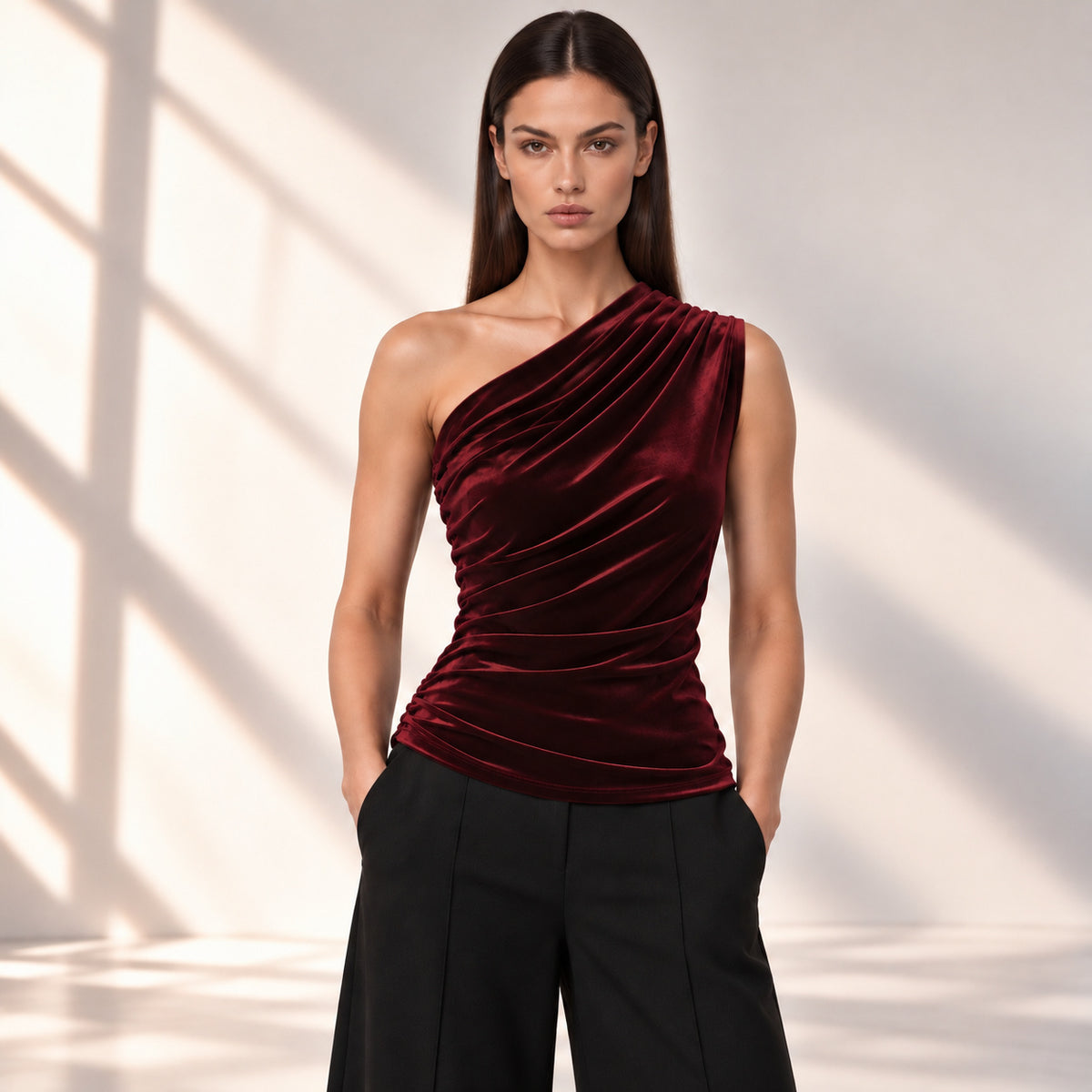 Reality Check burgundy velvet one shoulder top by Me&Thee