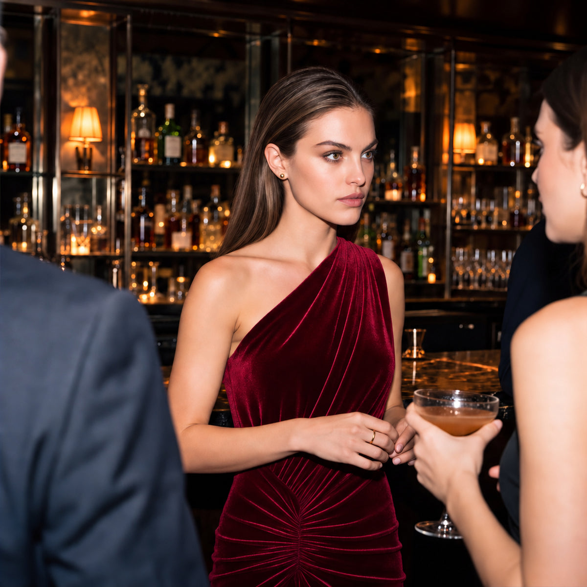 Raya-Rosa burgundy velvet one shoulder midi dress by Me&Thee