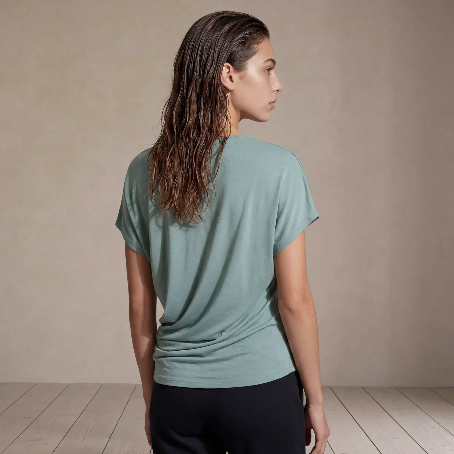 BERGEN Bamboo Asymmetric V Neck T-Shirt In Sea Green