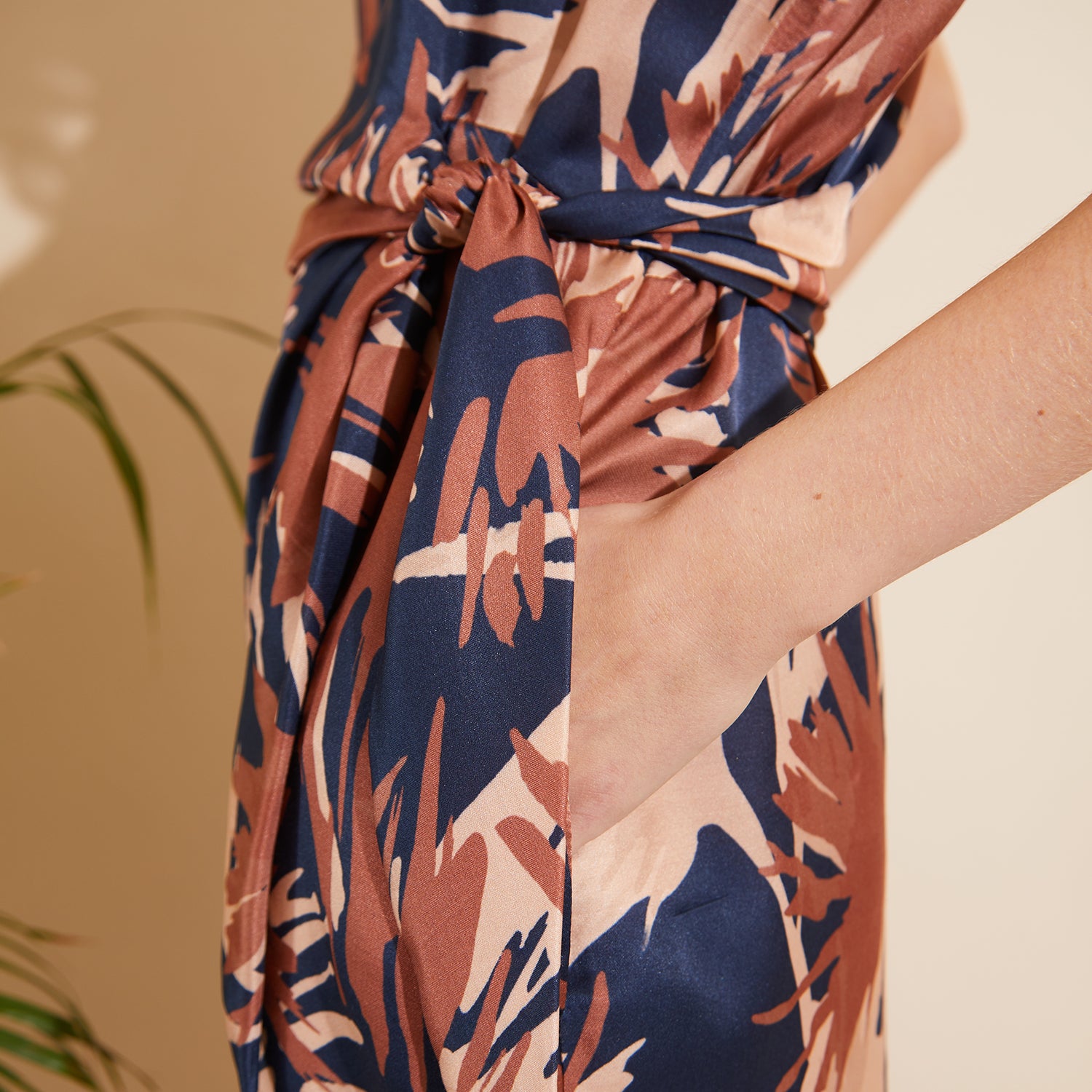 Hoi Polloi Navy, Terracotta and Nude Printed Silk Viscose Tie Dress by Me&Thee