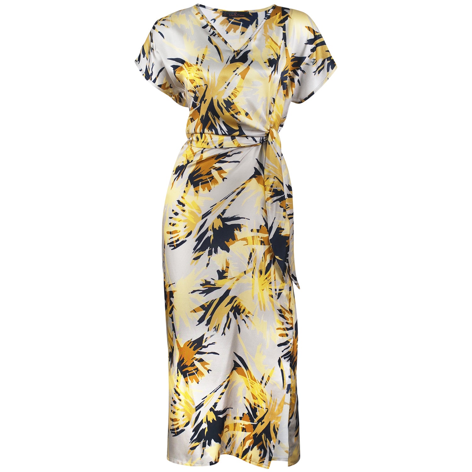 Hoity-Toity Navy, Gold and Yellow Printed Silk Viscose Tie Dress by Me&Thee