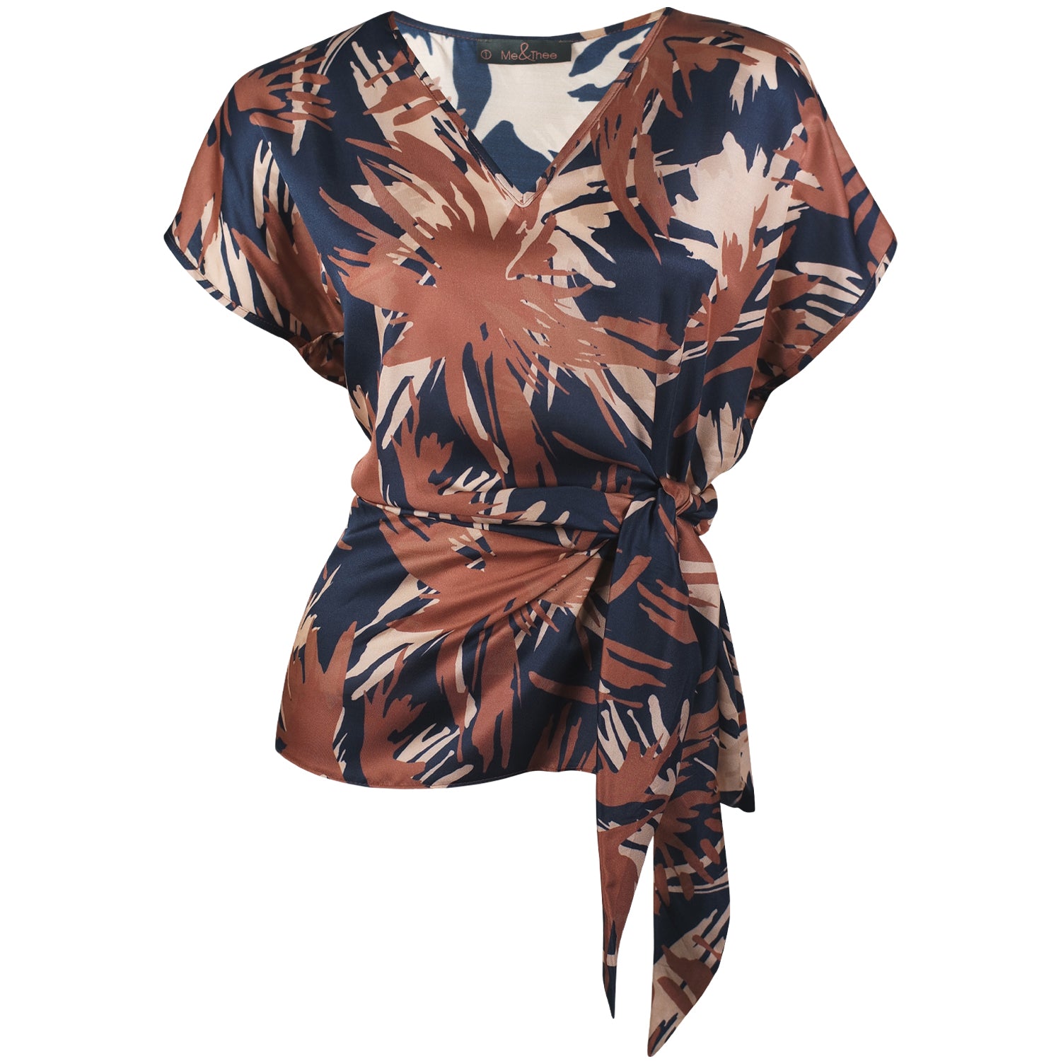 Hooray Henry Navy, Terracotta and Nude Printed Silk Viscose Tie Top by Me&Thee