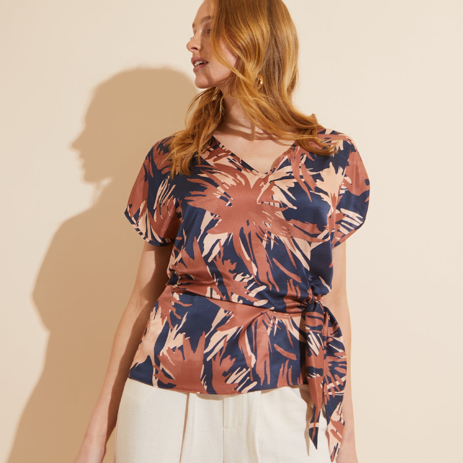 Hooray Henry Navy, Terracotta and Nude Printed Silk Viscose Tie Top by Me&Thee