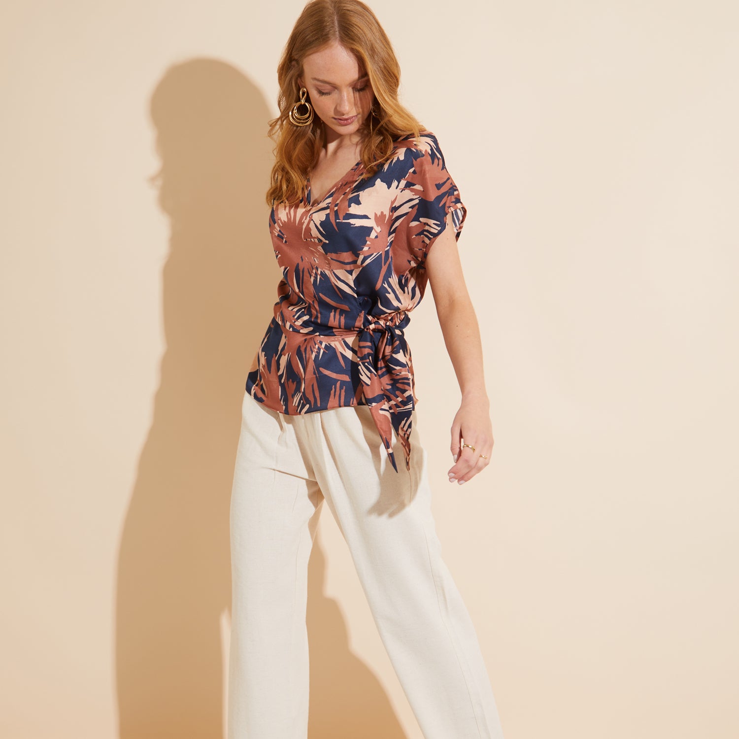 Hooray Henry Navy, Terracotta and Nude Printed Silk Viscose Tie Top by Me&Thee
