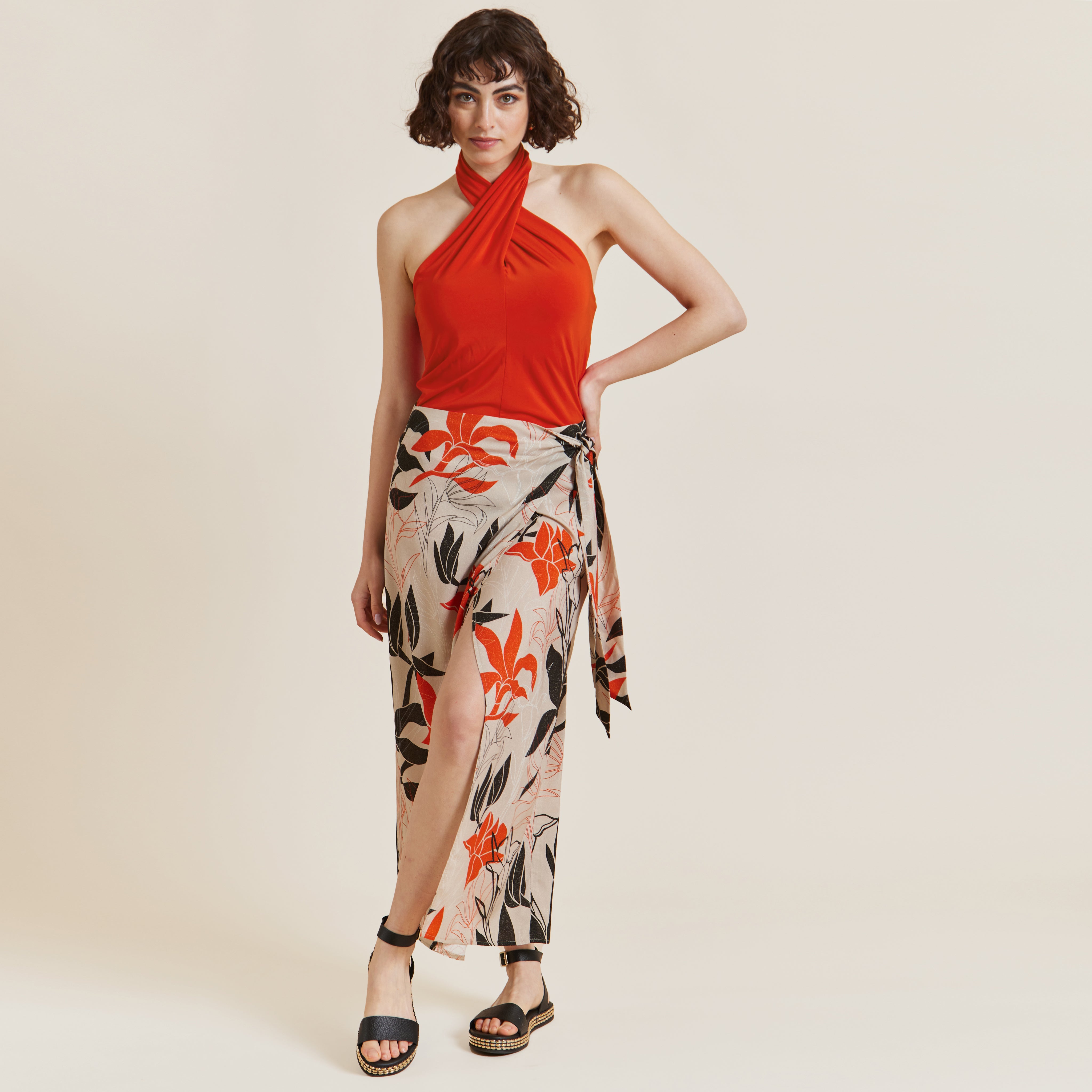 Hit Home Red & Taupe Print Wrap Tie Skirt by Me&Thee