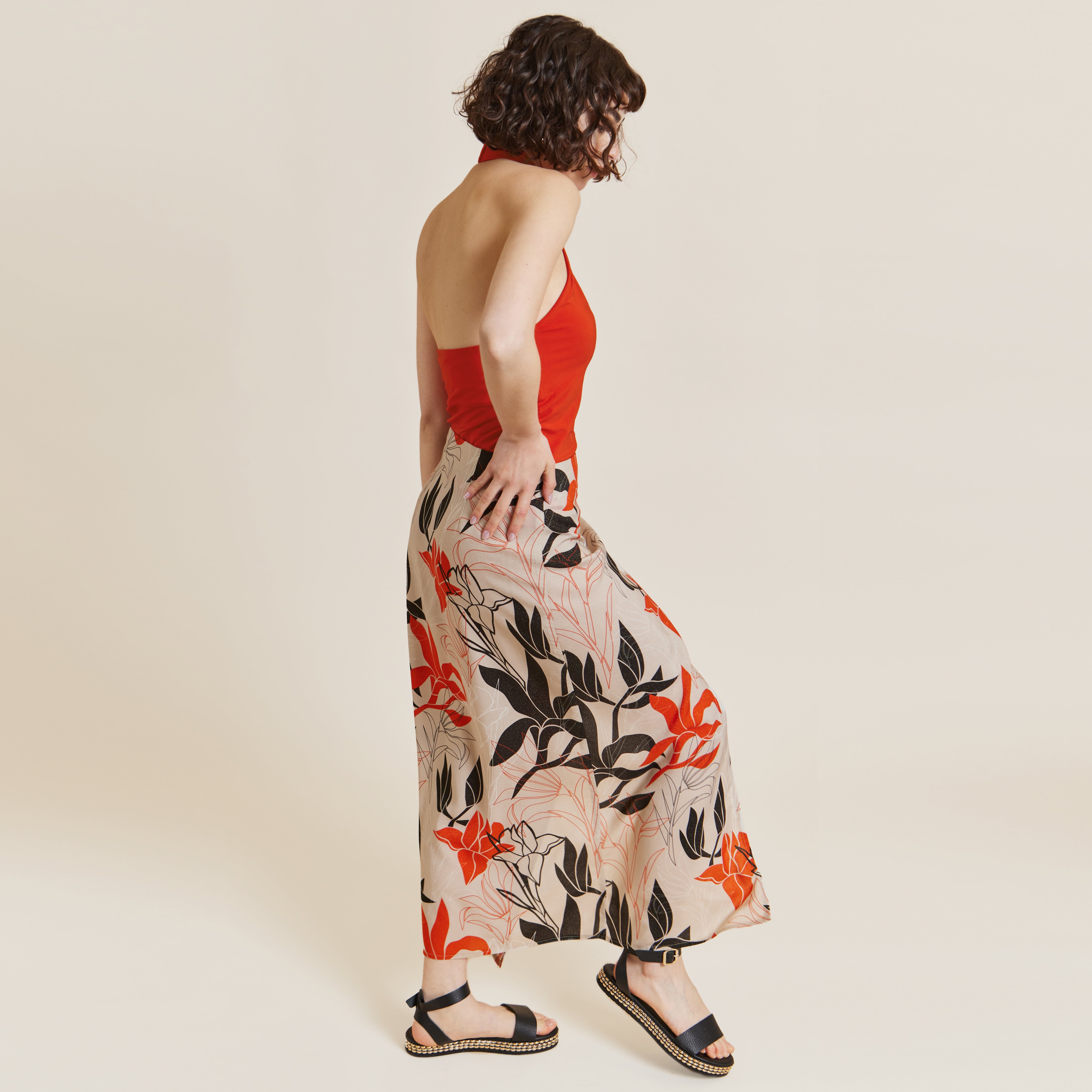 Hit Home Red & Taupe Print Wrap Tie Skirt by Me&Thee