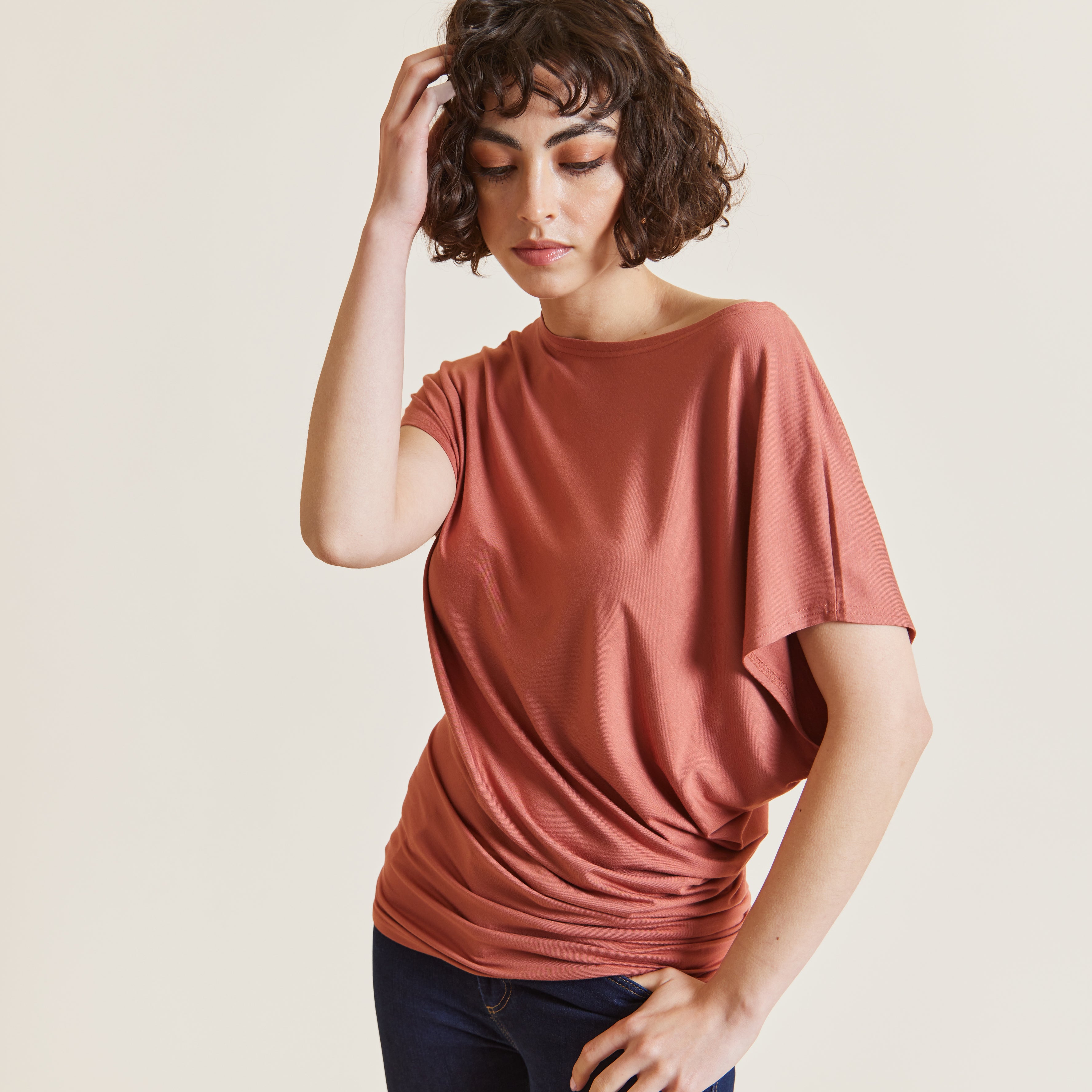 Hey Presto Clay Bamboo Jersey Oversized Slash Neck Tee by Me&Thee
