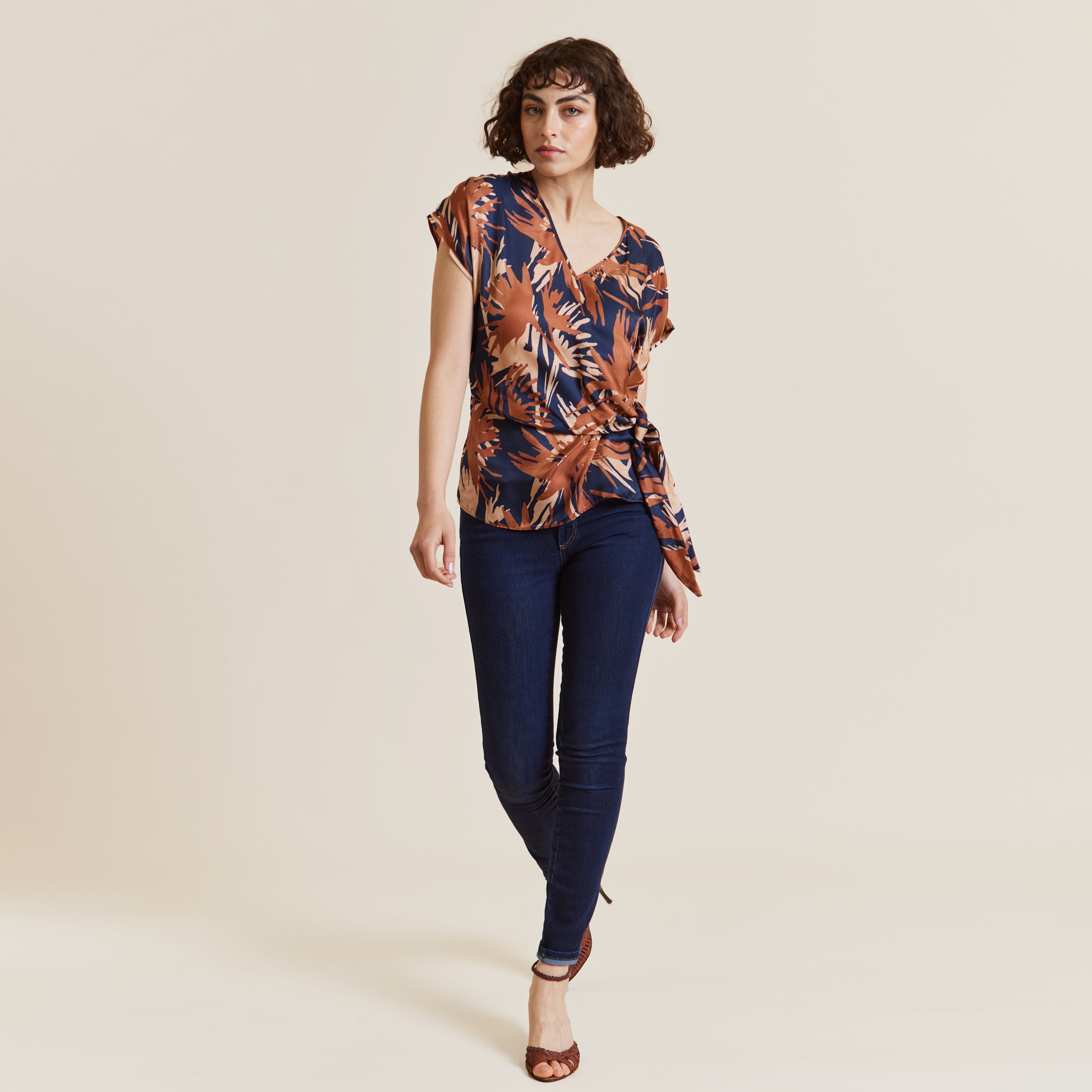 Hooray Henry Navy, Terracotta and Nude Printed Silk Viscose Tie Top by Me&Thee