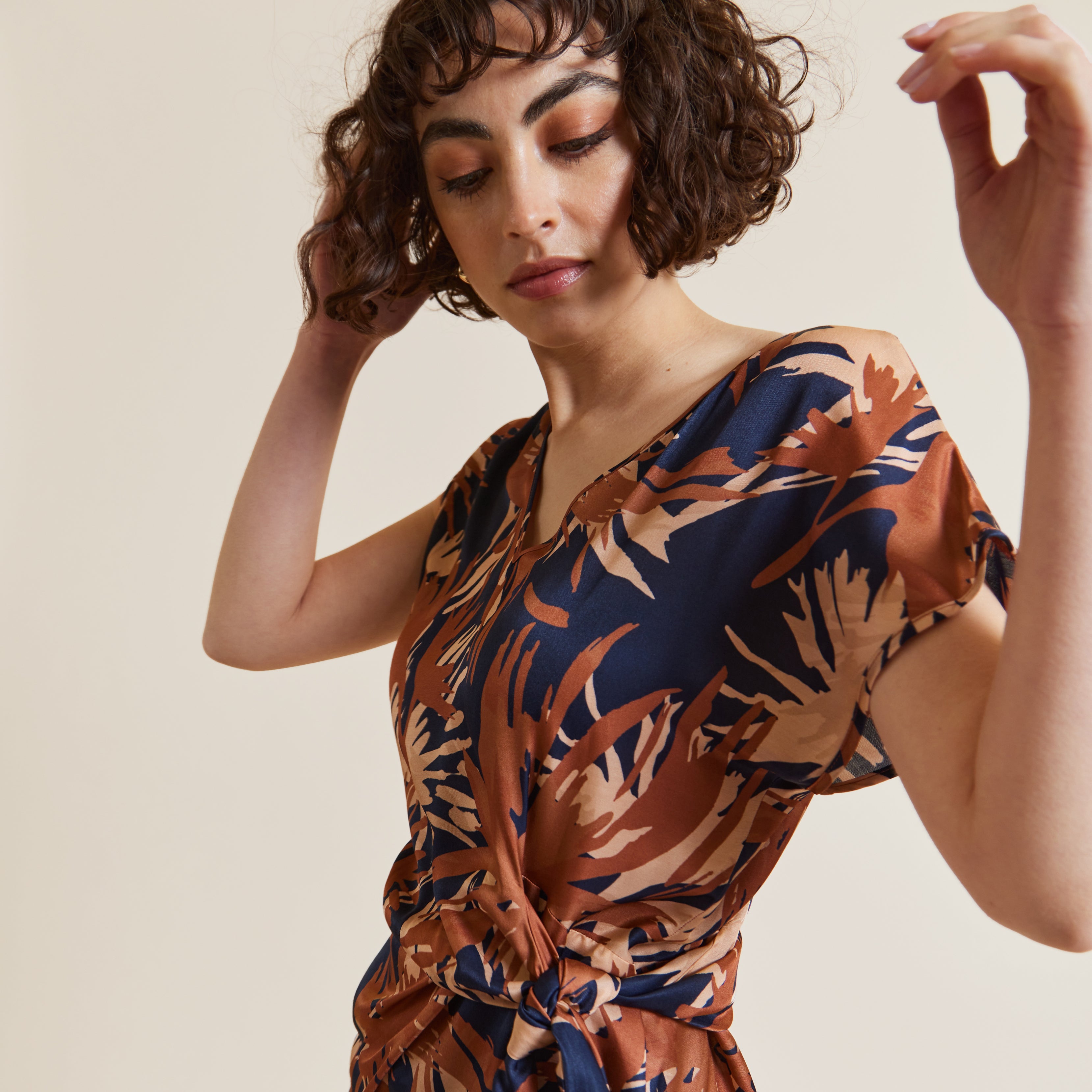 Hooray Henry Navy, Terracotta and Nude Printed Silk Viscose Tie Top by Me&Thee