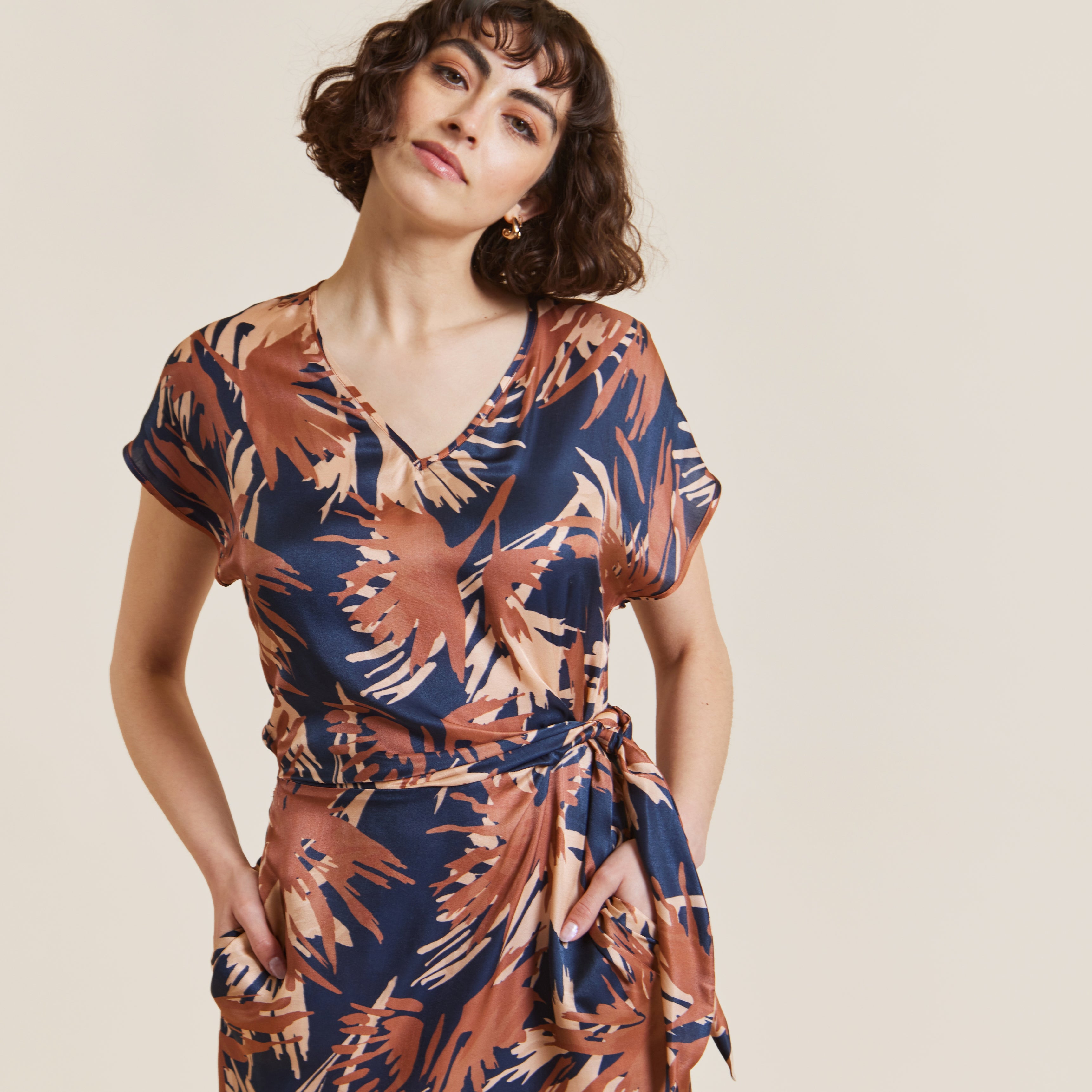 Hoi Polloi Navy, Terracotta and Nude Printed Silk Viscose Tie Dress by Me&Thee