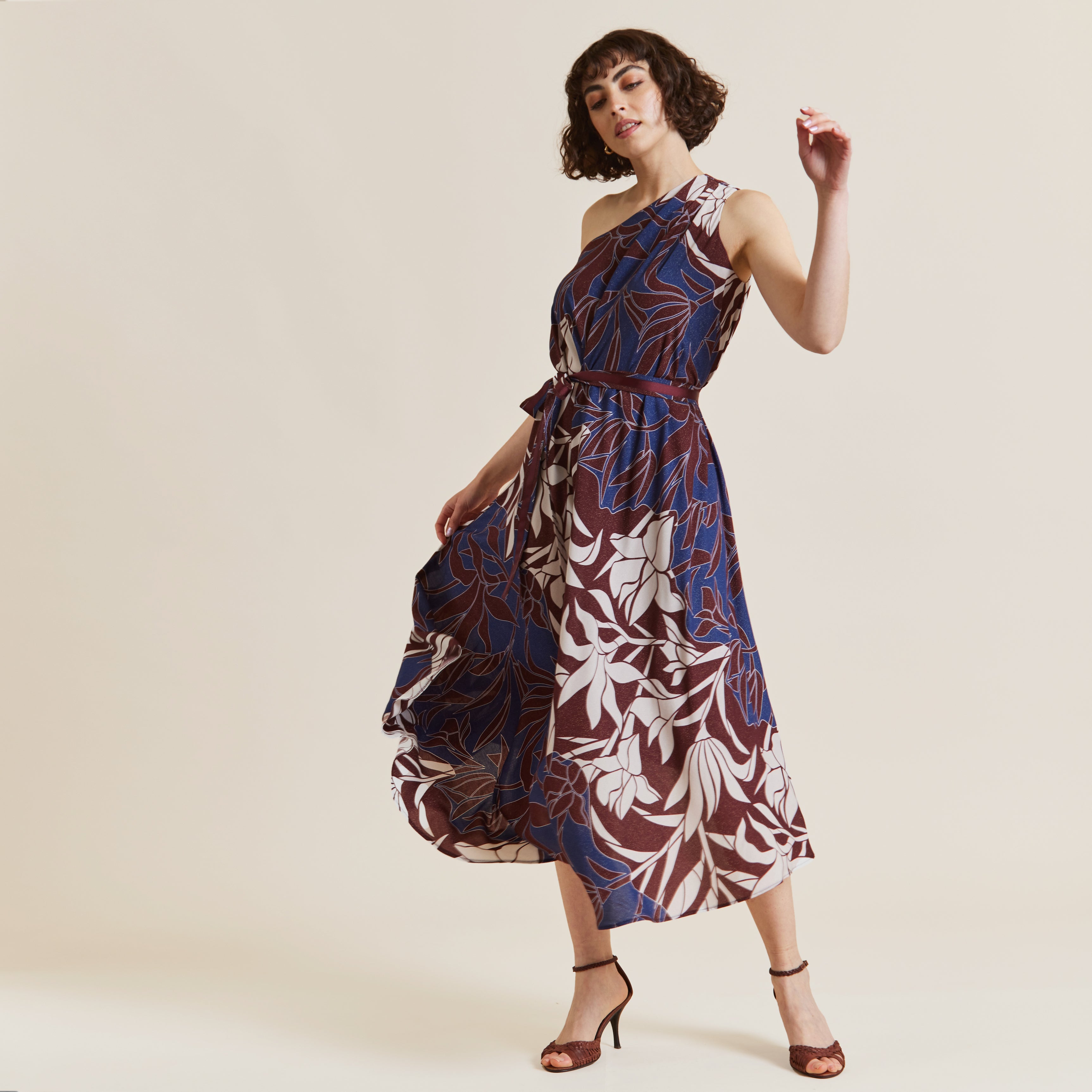 Hang Fire One Shoulder Blue & Wine Printed Maxi Dress by Me&Thee