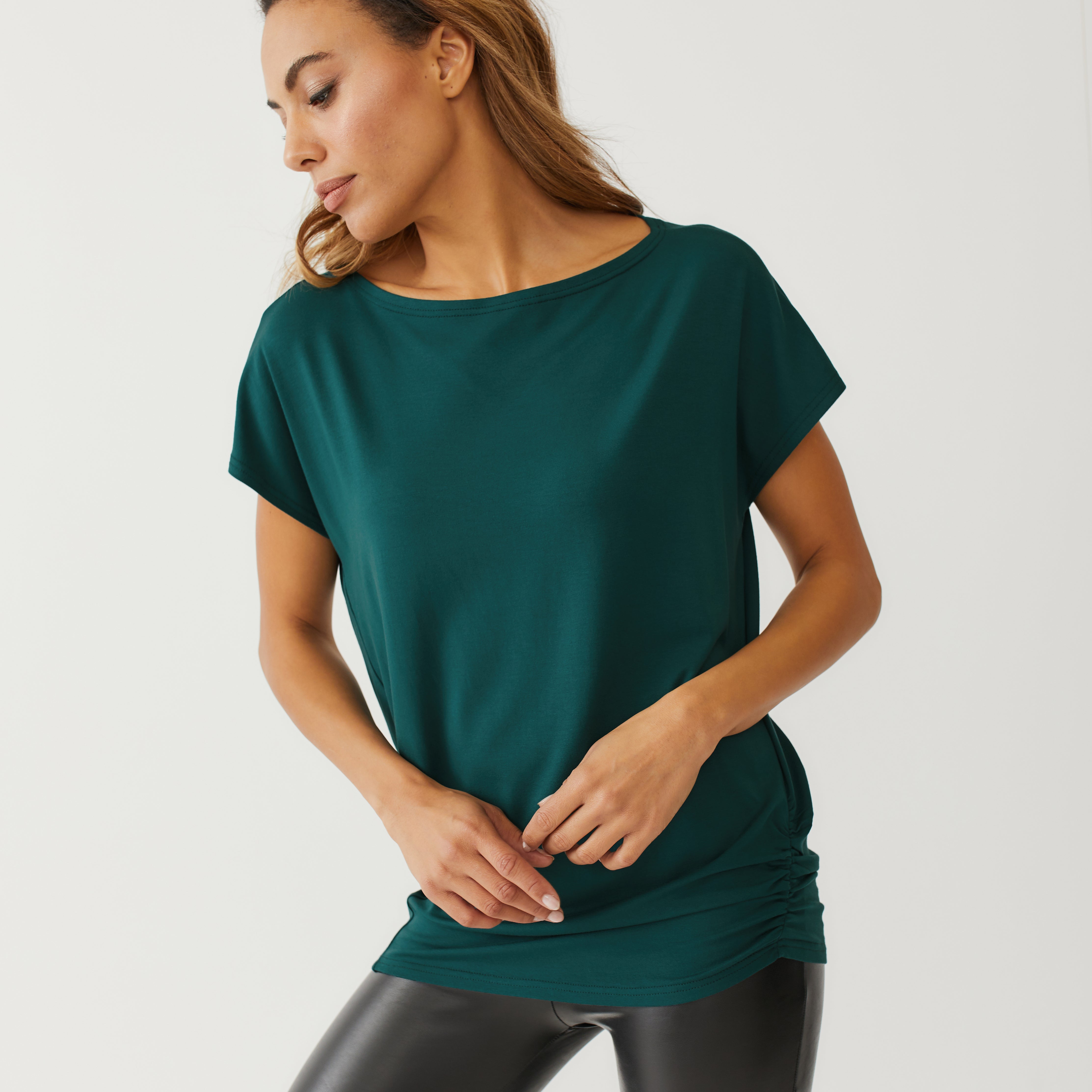 Me & Thee oversized tee in emerald green bamboo jersey with ruche detailing to the hemline