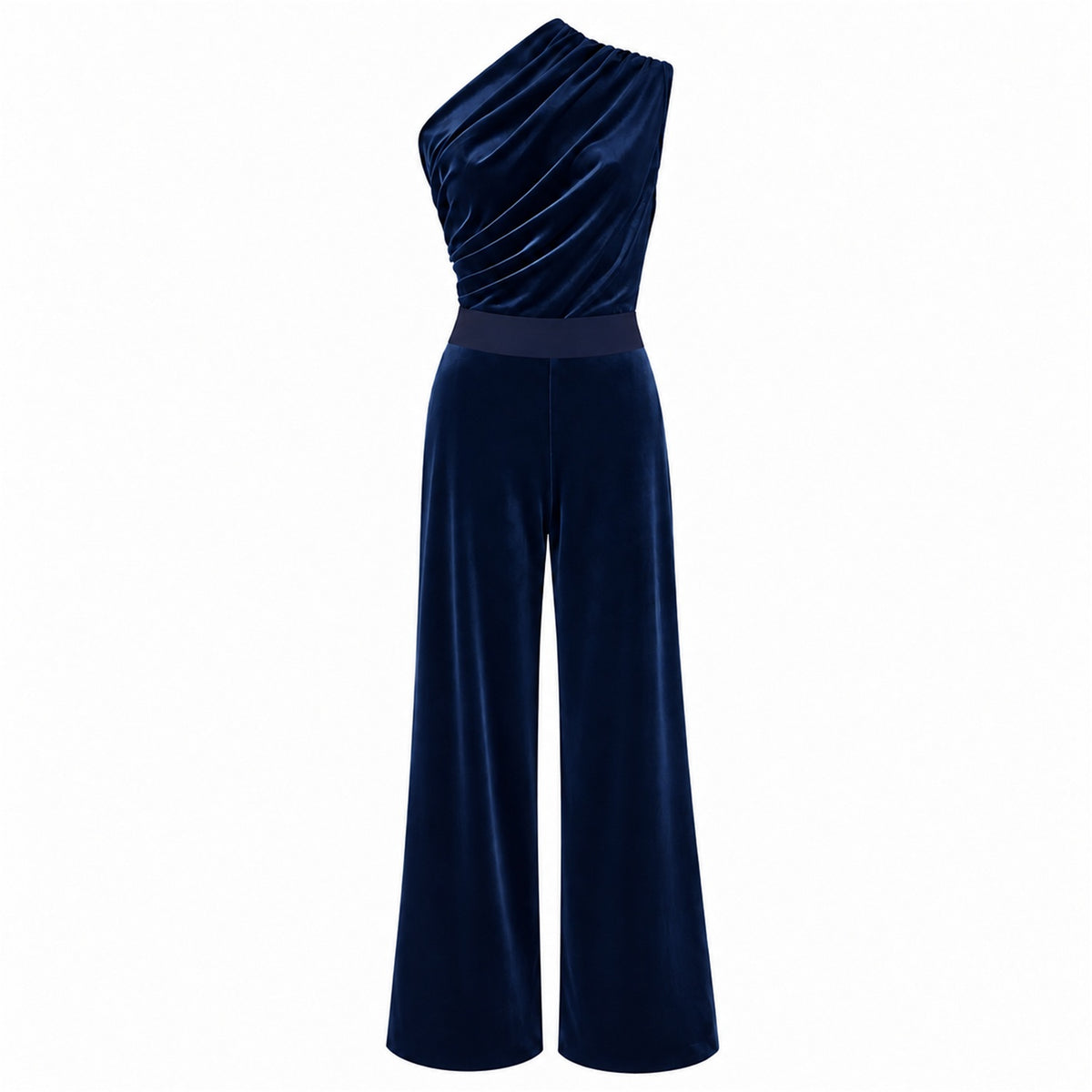 One Good Turn midnight blue velvet one shoulder jumpsuit by Me&Thee