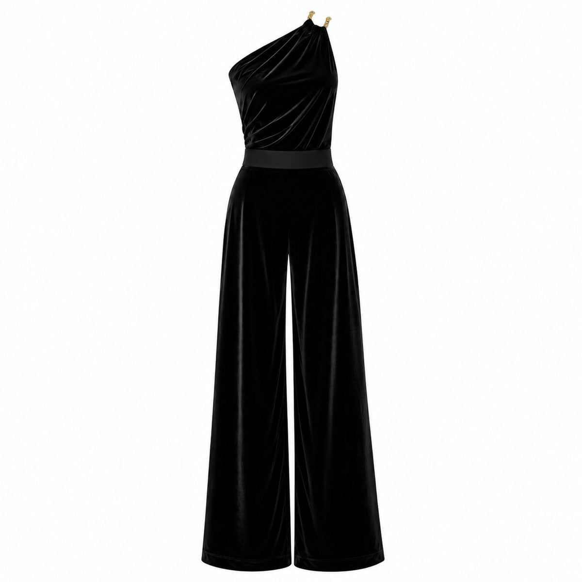 Raring To Go black velvet one shoulder jumpsuit by Me&Thee