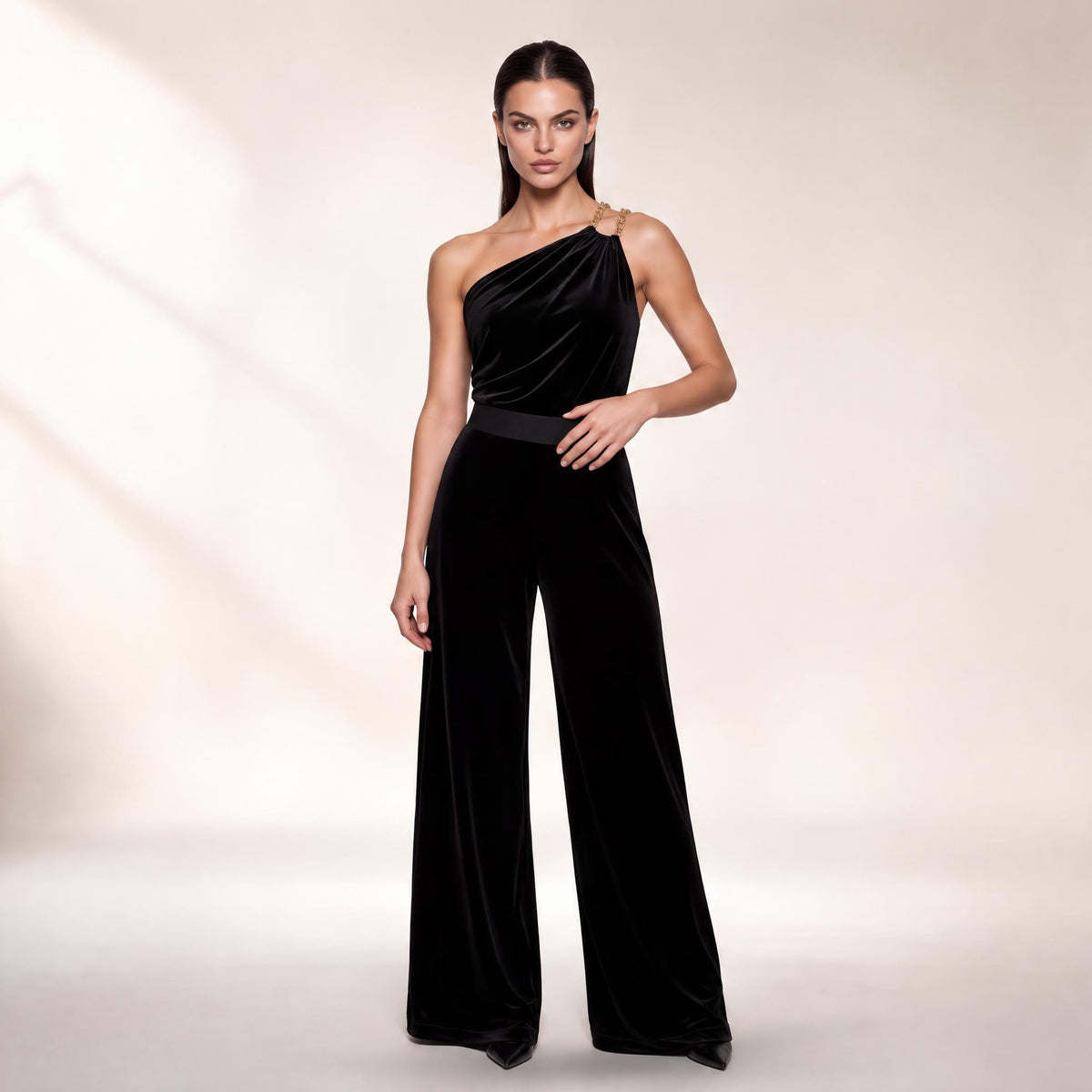 Raring To Go black velvet one shoulder jumpsuit by Me&Thee