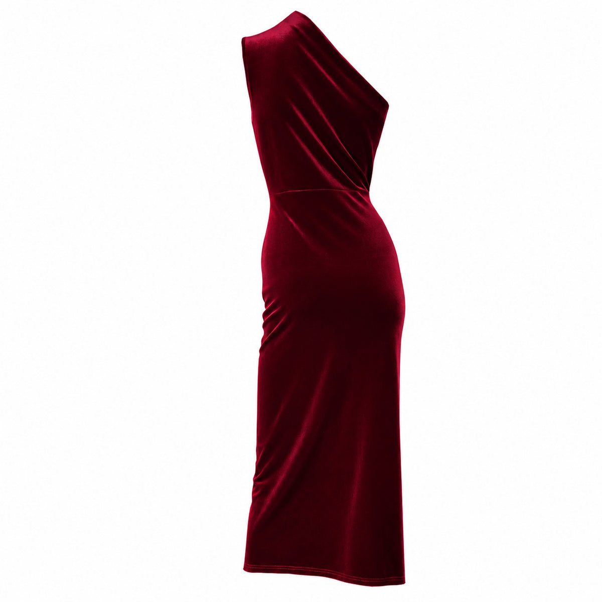 Raya-Rosa burgundy velvet one shoulder midi dress by Me&Thee
