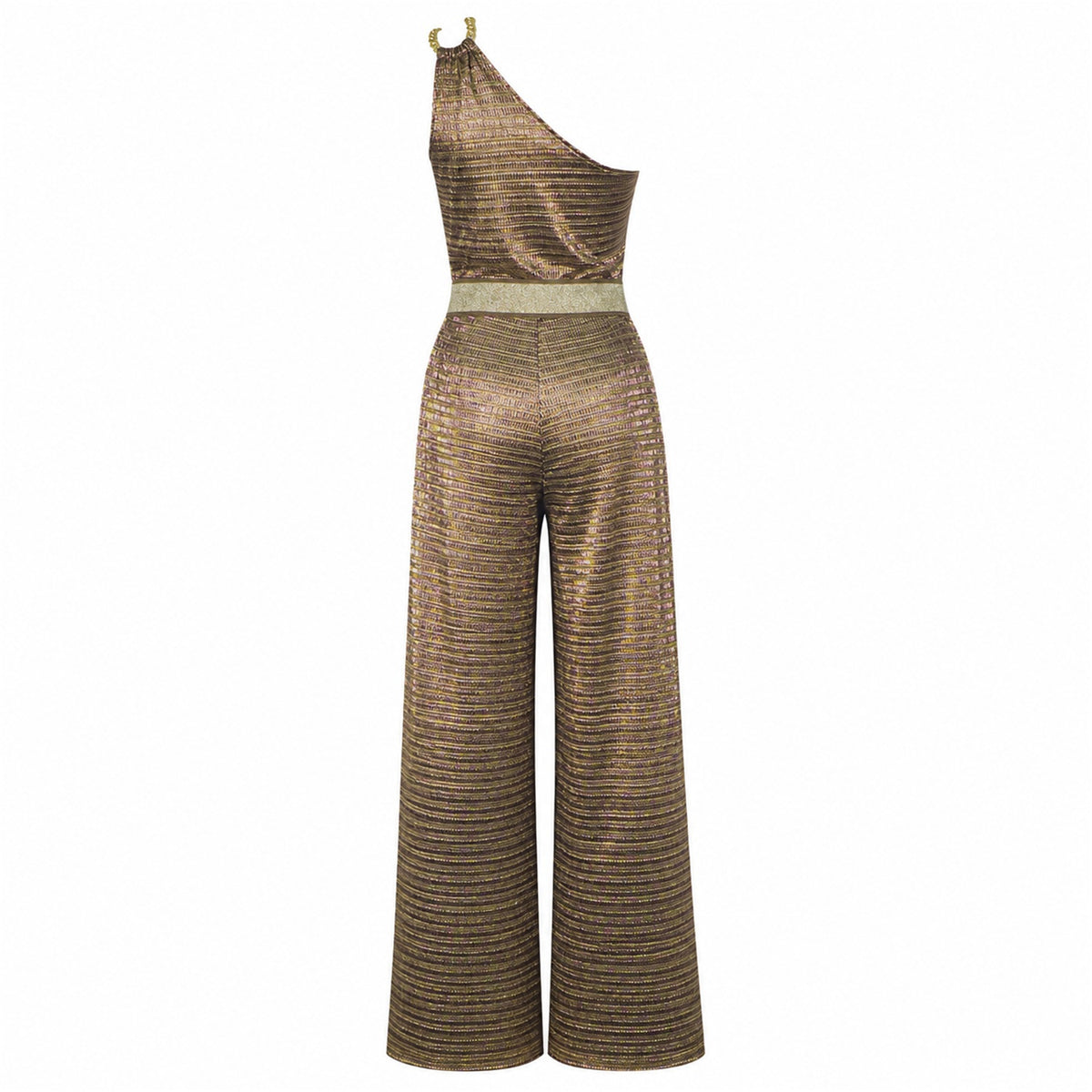 Razzle Dazzle antique gold plissé one shoulder jumpsuit by Me&Thee