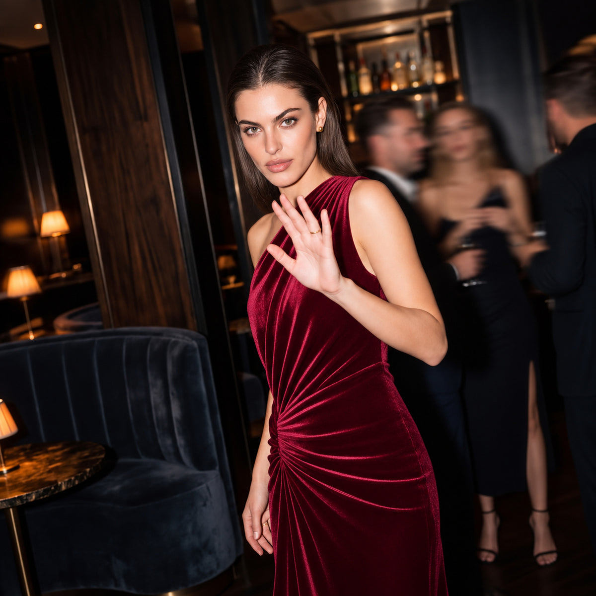 Raya-Rosa burgundy velvet one shoulder midi dress by Me&Thee