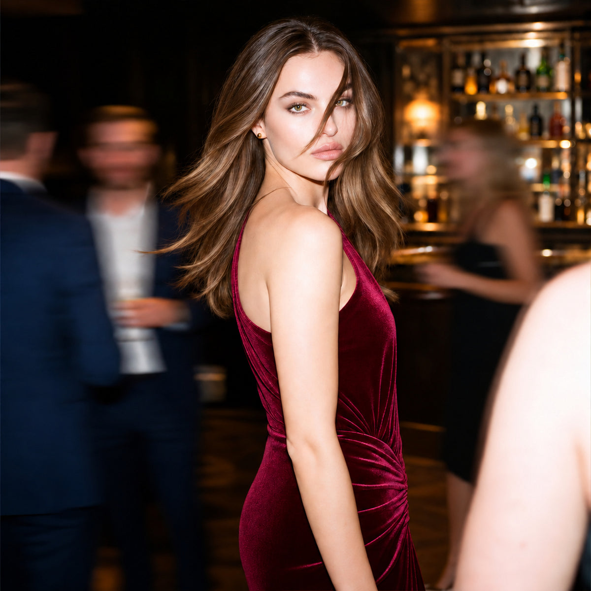 Raya-Rosa burgundy velvet one shoulder midi dress by Me&Thee