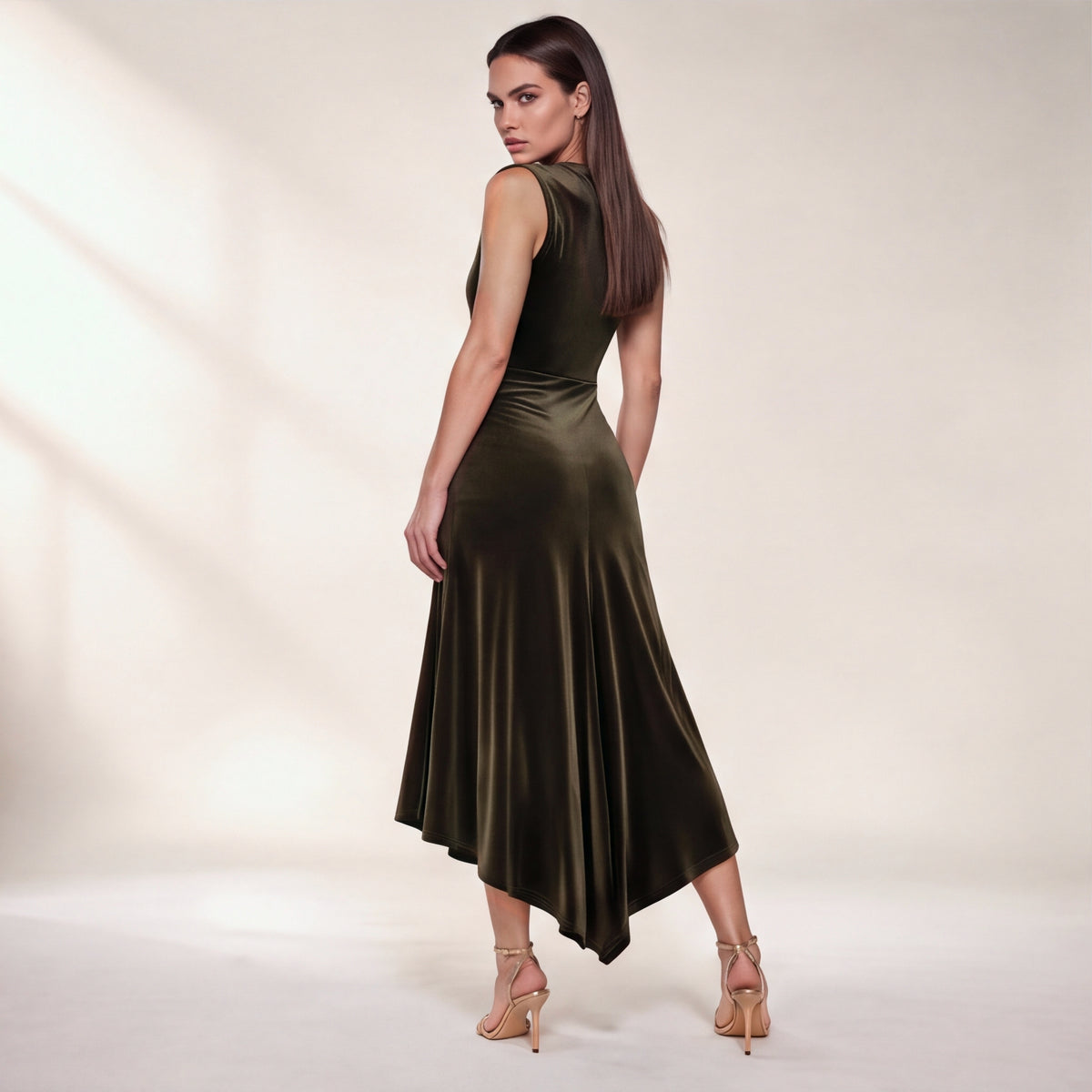 Rock & Roller olive velvet funnel neck midi dress by Me&Thee