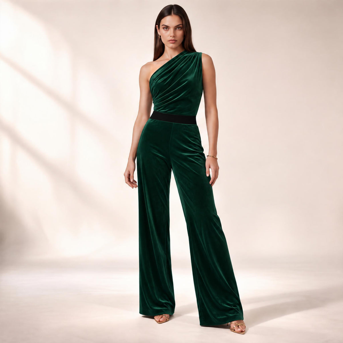 Off The Wall emerald green velvet one shoulder jumpsuit by Me&Thee
