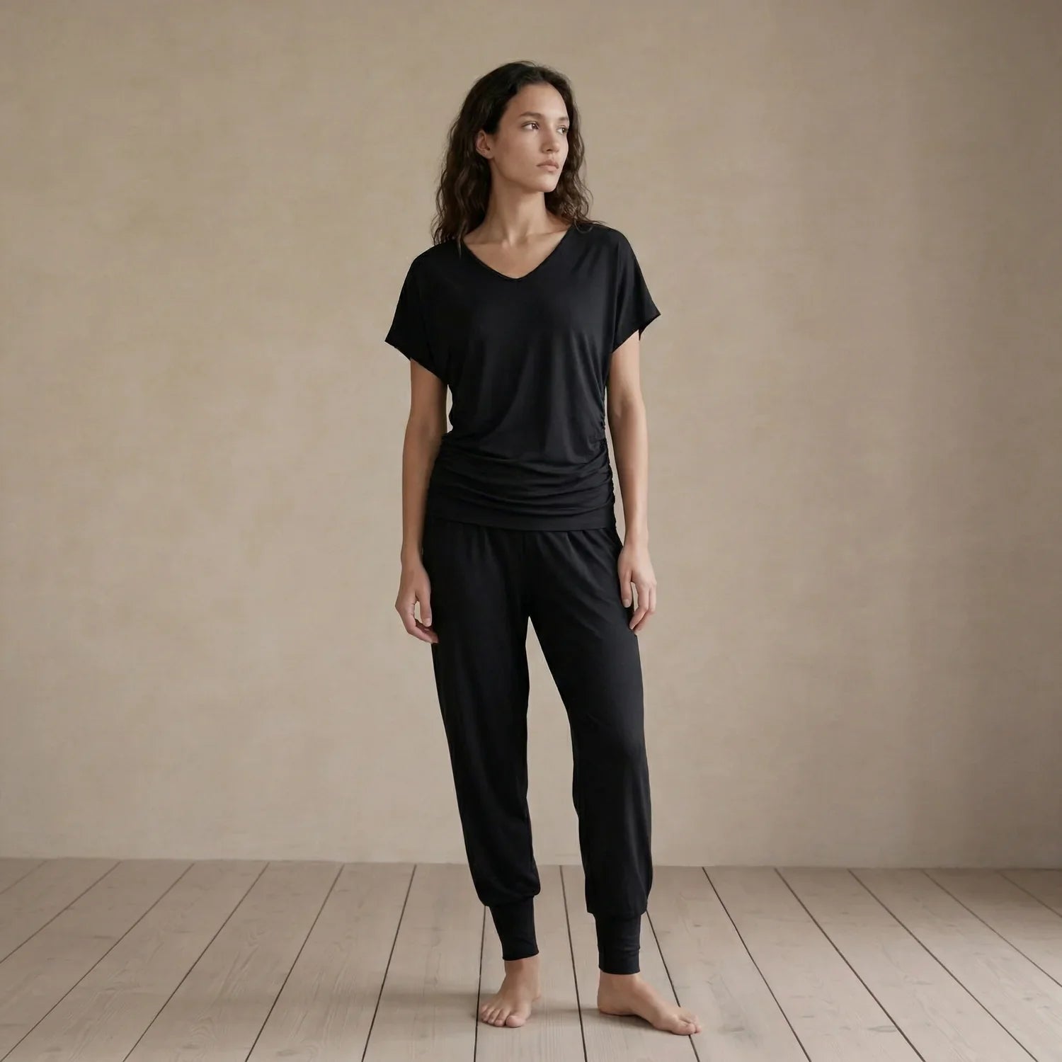 PHIA Bamboo Asymmetric V Neck T-Shirt In Black