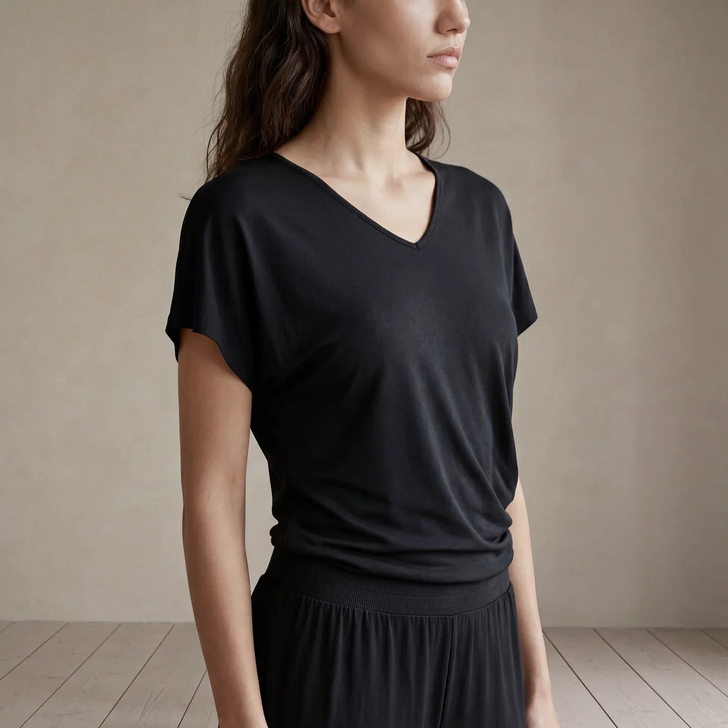PHIA Bamboo Asymmetric V Neck T-Shirt In Black