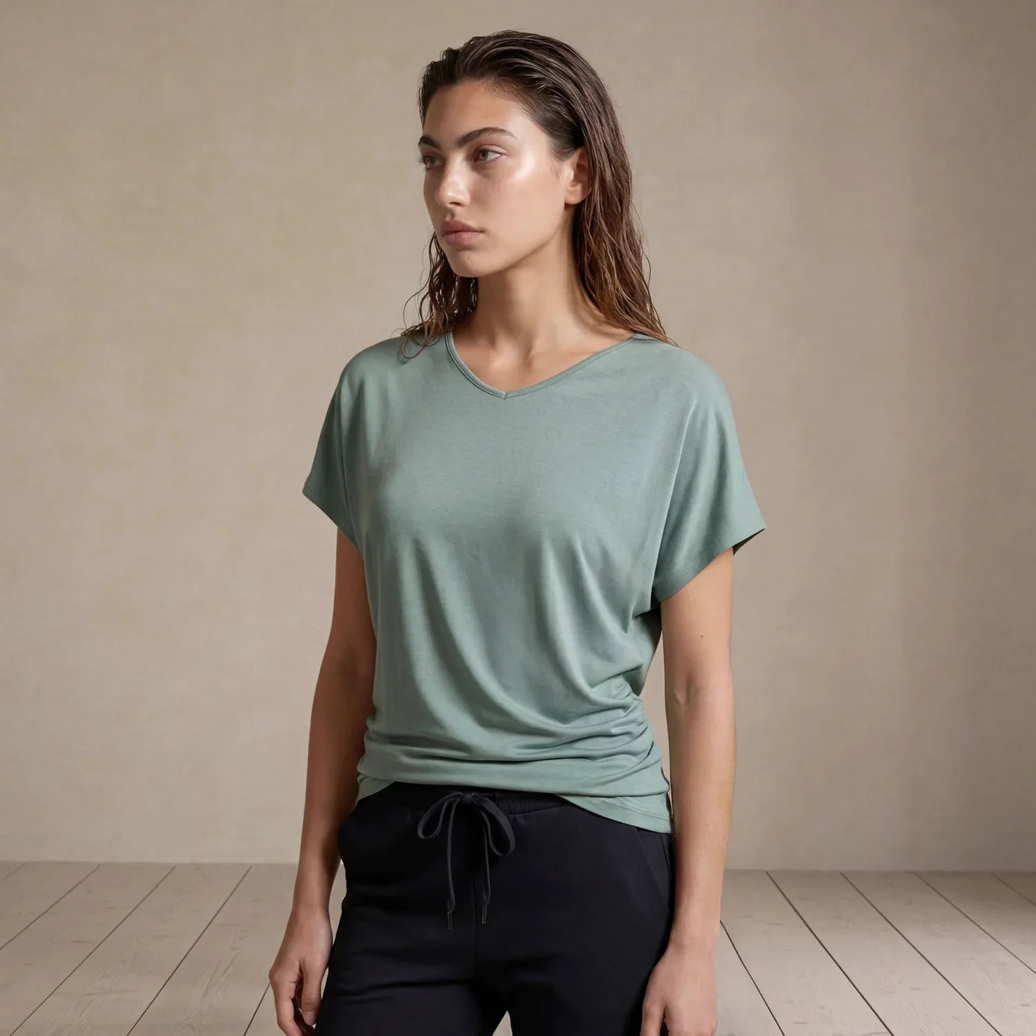 BERGEN Bamboo Asymmetric V Neck T-Shirt In Sea Green