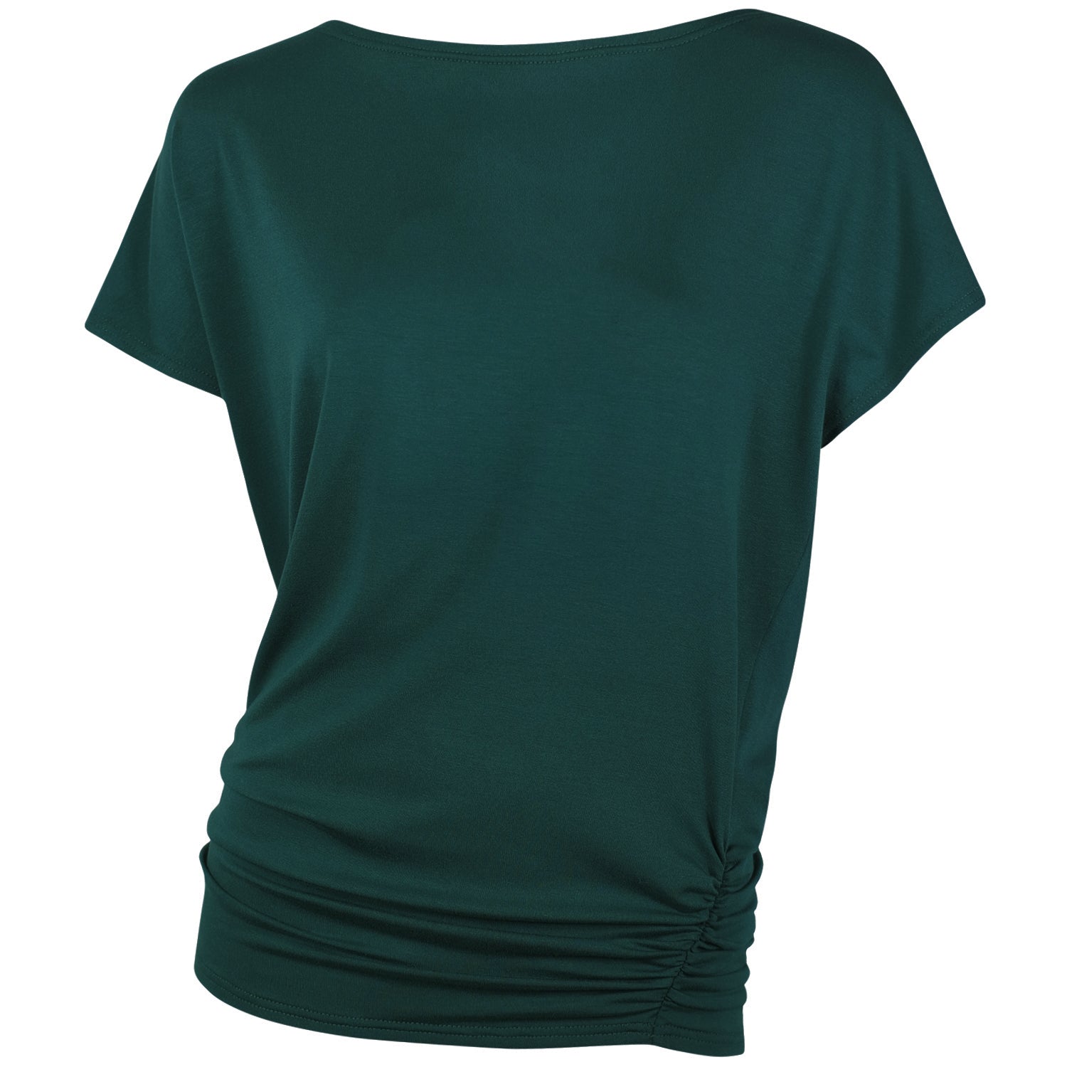 Me & Thee oversized tee in emerald green bamboo jersey with ruche detailing to the hemline