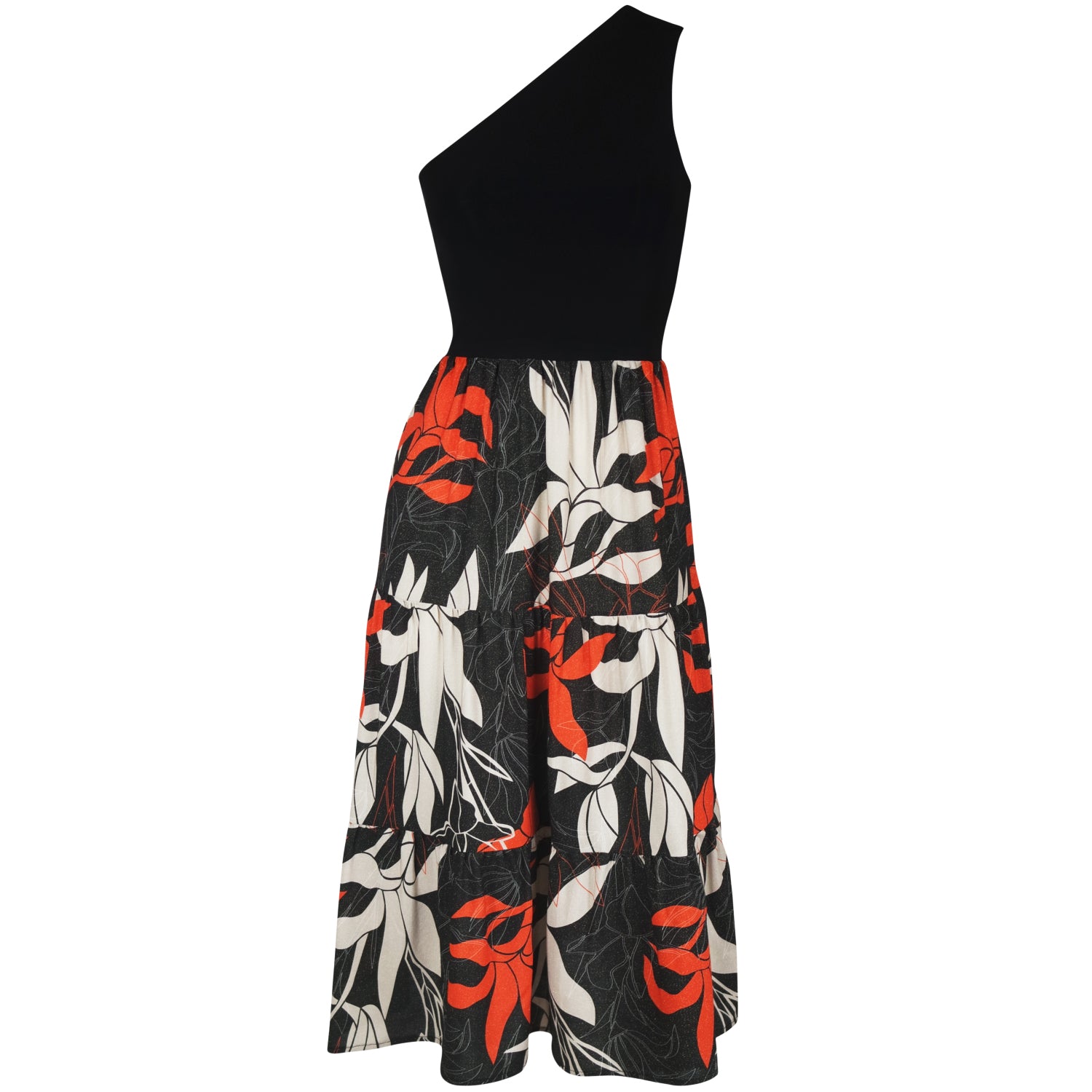 High Tide Black & Red One Shoulder Print Tiered Skirt Dress by Me&Thee