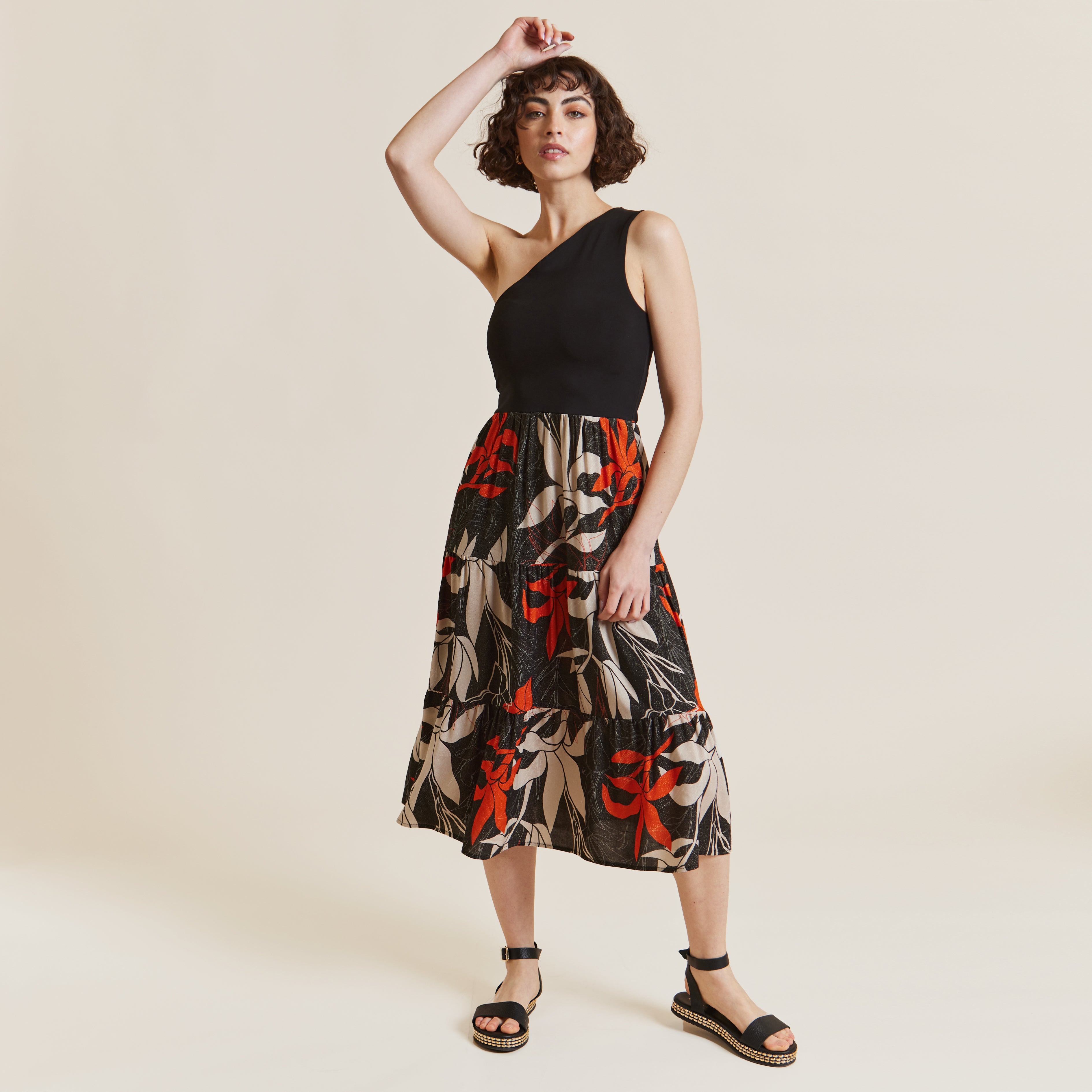 High Tide Black & Red One Shoulder Print Tiered Skirt Dress by Me&Thee