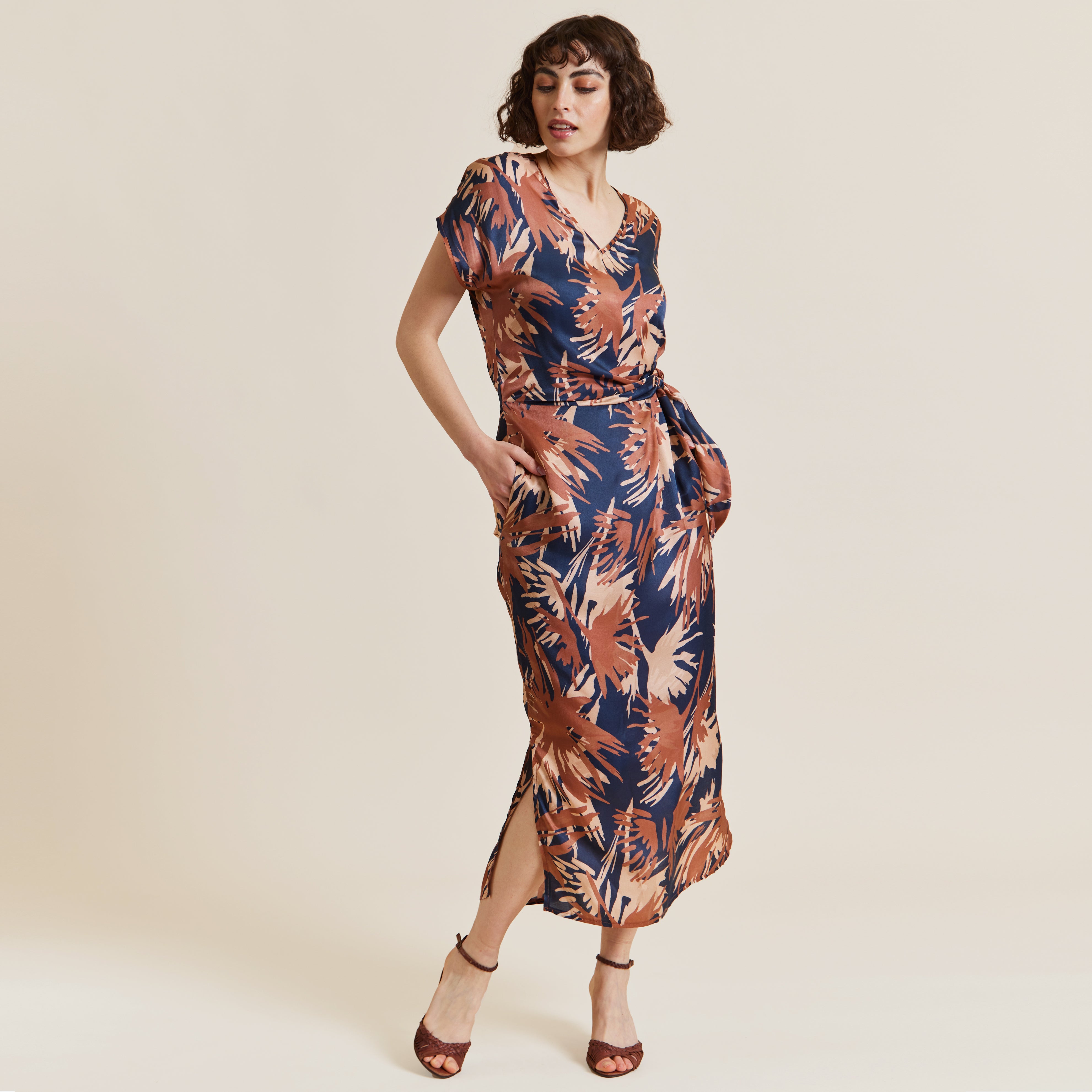 Hoi Polloi Navy, Terracotta and Nude Printed Silk Viscose Tie Dress by Me&Thee