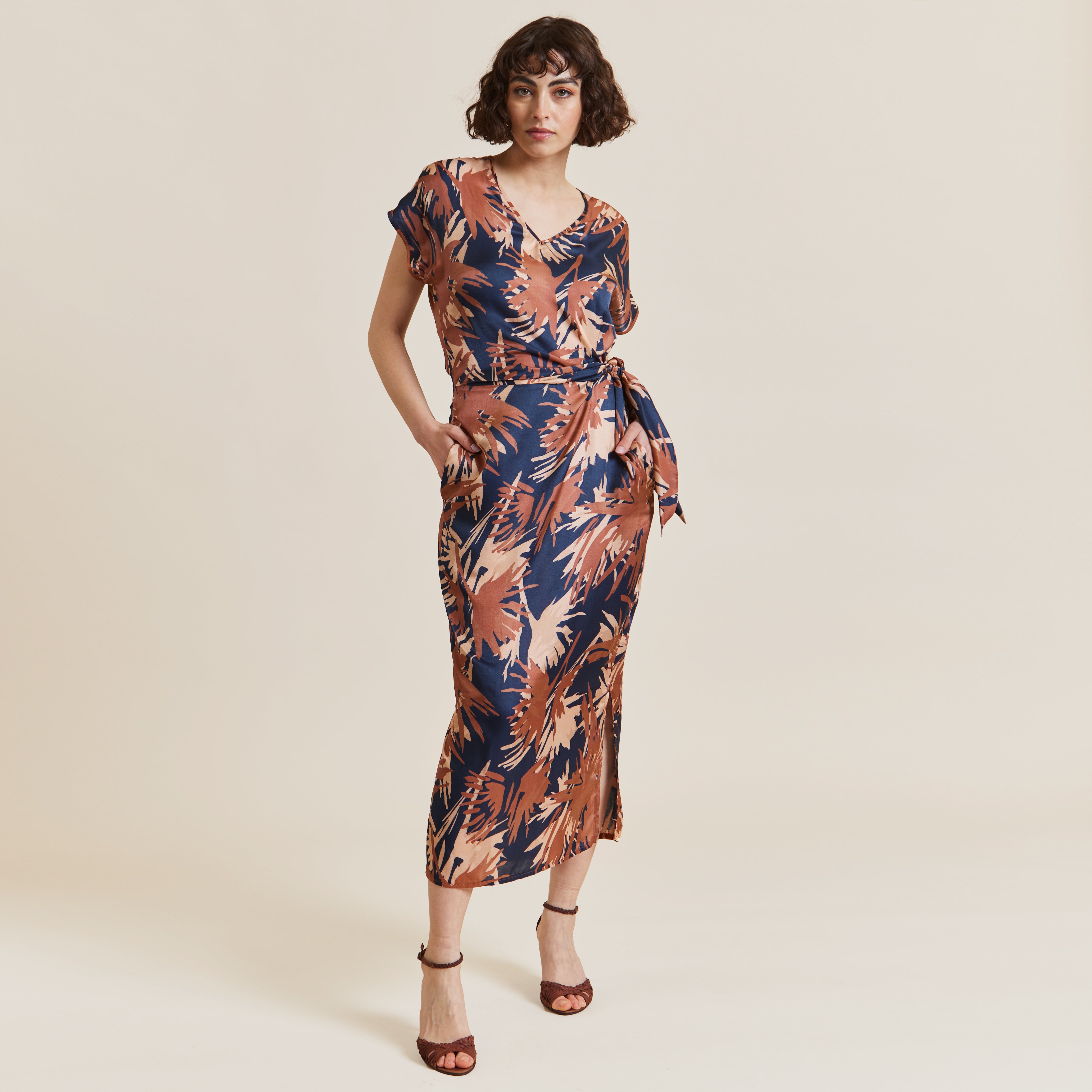 Hoi Polloi Navy, Terracotta and Nude Printed Silk Viscose Tie Dress by Me&Thee